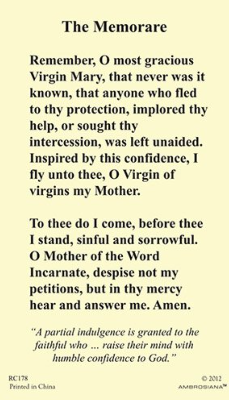 (2 copies) The Memorare Prayer Holy Card Our Lady of Grace Mary Catholic