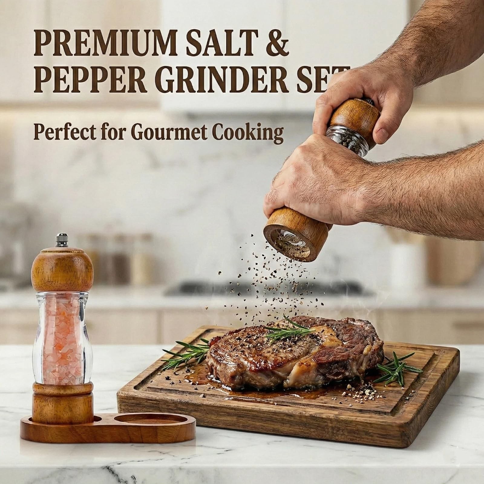 Wood Salt and Pepper Grinder Set 6.3in Adjustable Ceramic Mills w/ Tray