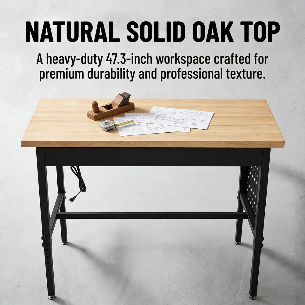 60"x24" Adjustable Workbench, Power Outlets, 6 Height Levels, Solid Hardwood Top
