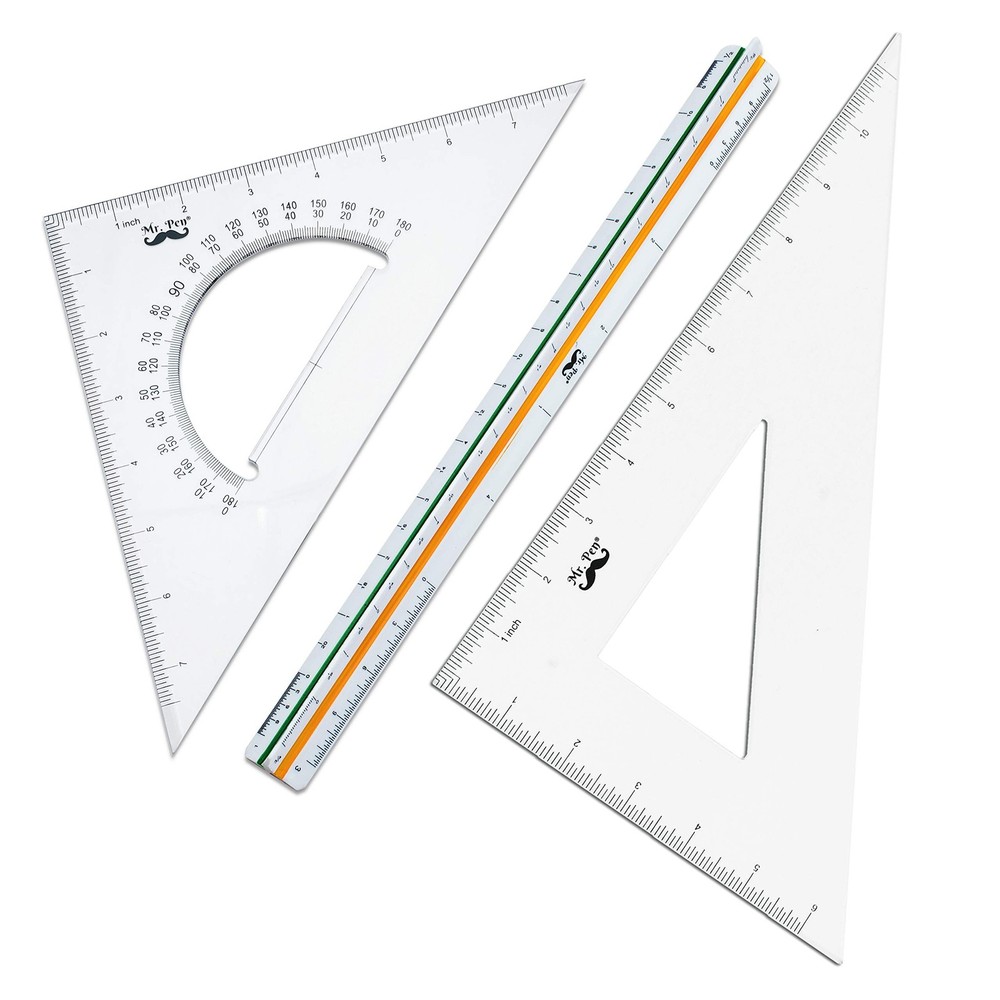 Mr. Pen Architectural Triangular Ruler Set with 12 Inch Clear