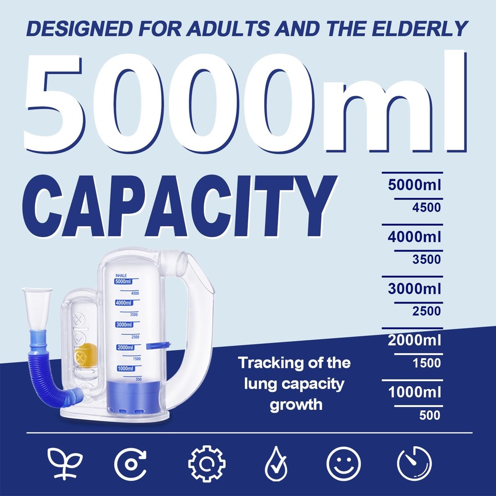Breathing Exercise Device for Lungs, Trainer 5000ml, Transparent