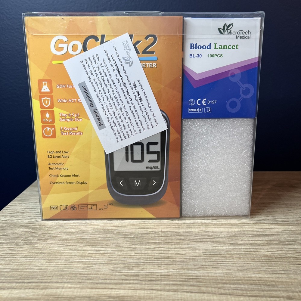 MicroTech GoChek2 Blood Glucose Meter Kit 100 Test Strips Lancing Device