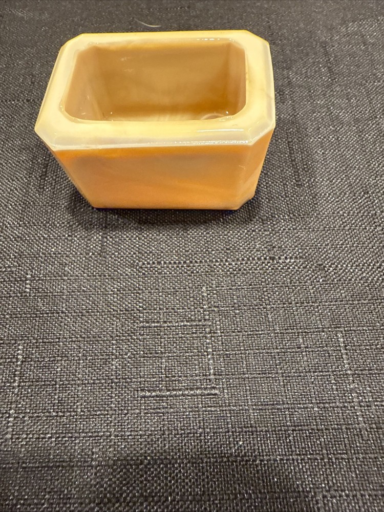 Vintage Rectangular Open Salt Dip Signed E.E. With Beveled Corner Golden Agate