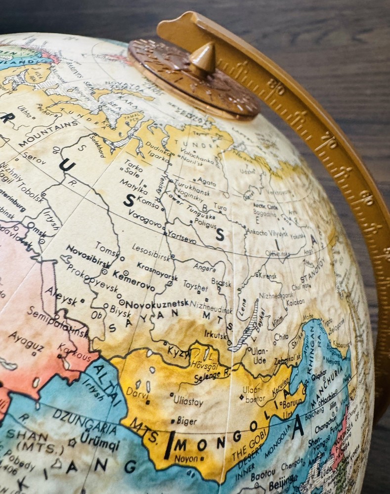 Vintage Replogle Rotating World Globe Desktop Wood Base