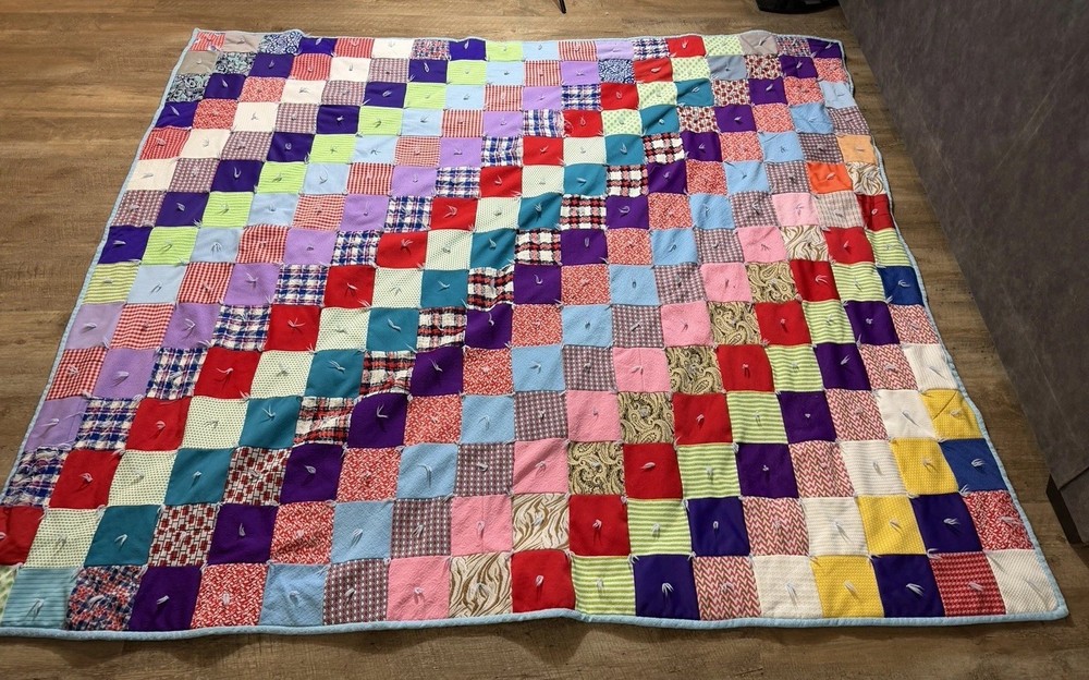 Handmade Rag Quilt Patchwork Tied Multicolor 87x75” Cotton Throw Bedspread