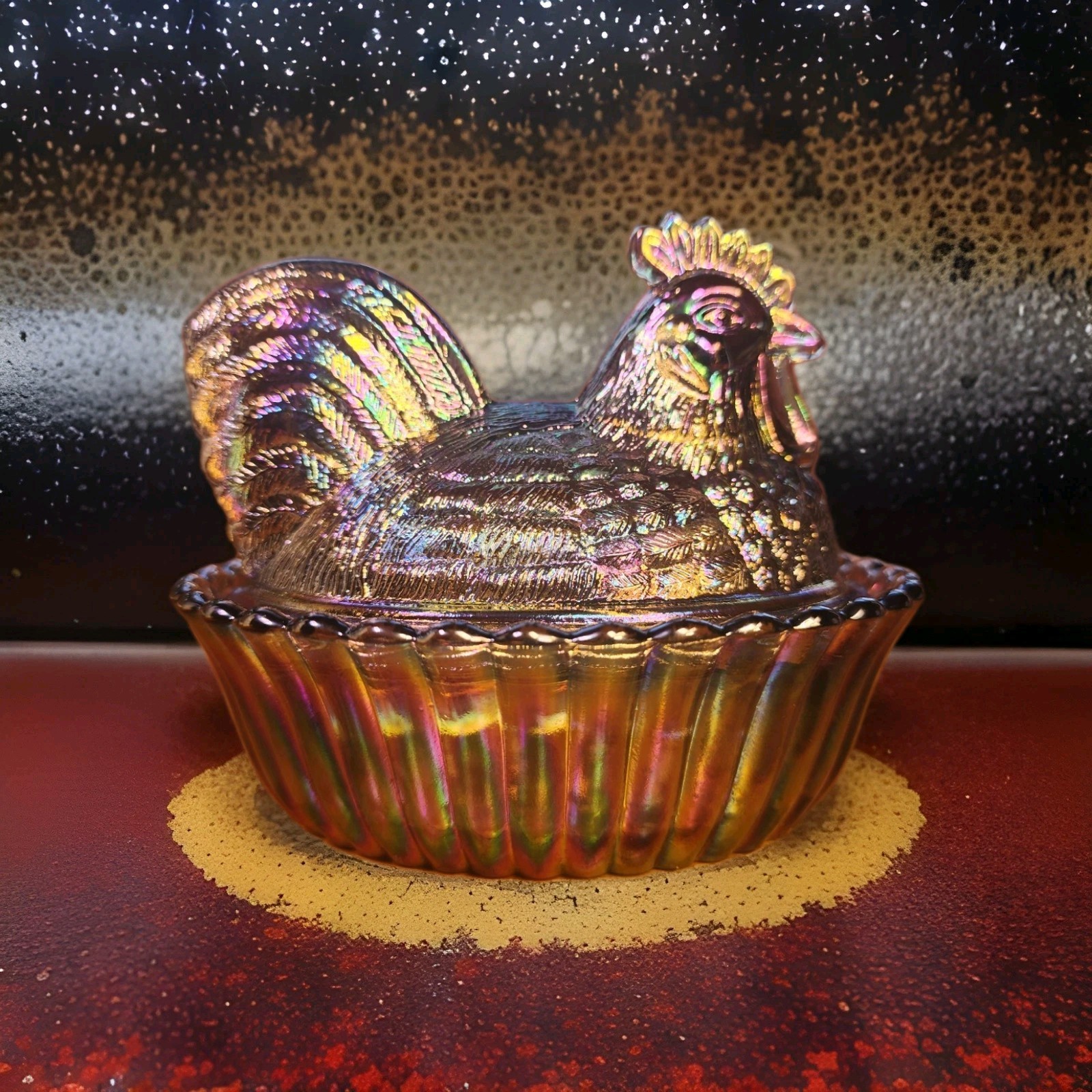 5" Rooster With Split Tail on a Ribbed Nest Titanium Carnival Westmoreland Mould