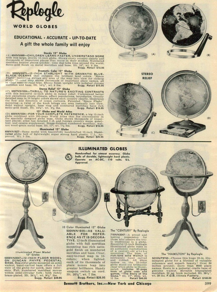 1965 PAPER AD Globe Replogle Tabletop Stand Century Duncan Phyfe Hamilton Relief