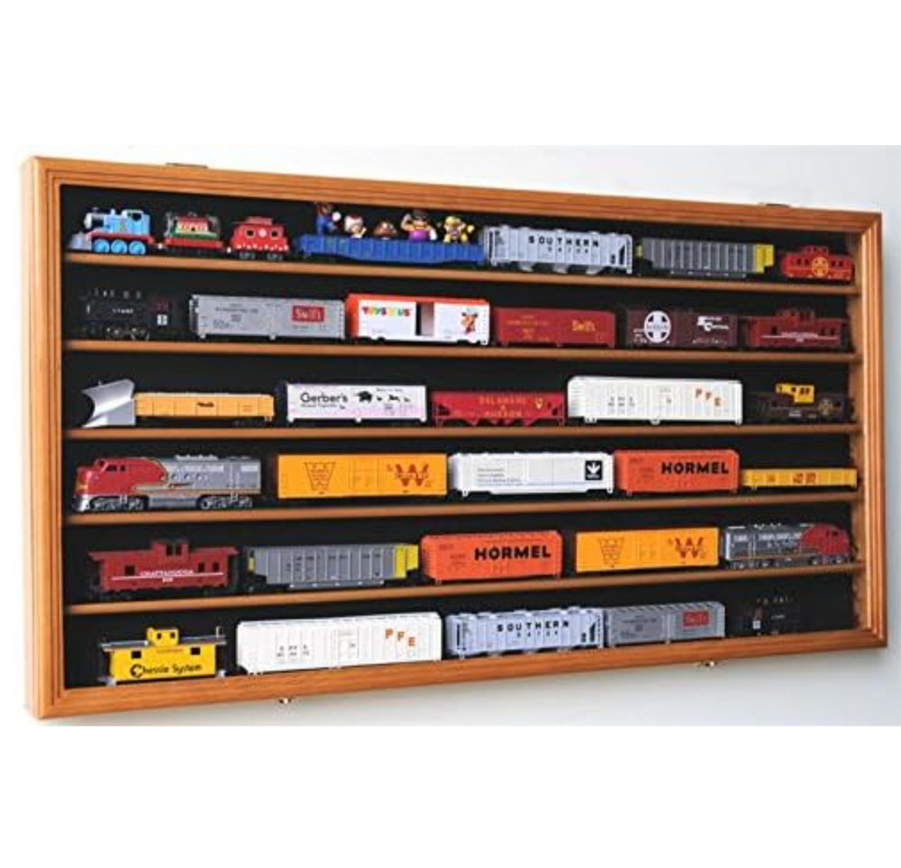 HO Scale Train Display Case Cabinet Wall Rack W/Uv Protection- Lockable -Oak
