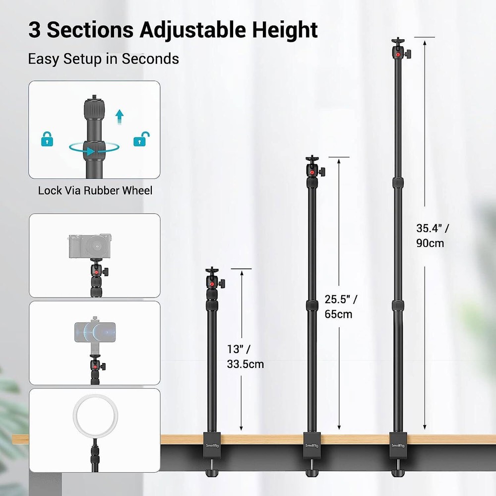 SmallRig Camera Desk Mount Table Stand 15"-35" with 1/4" Ball Head for Camera