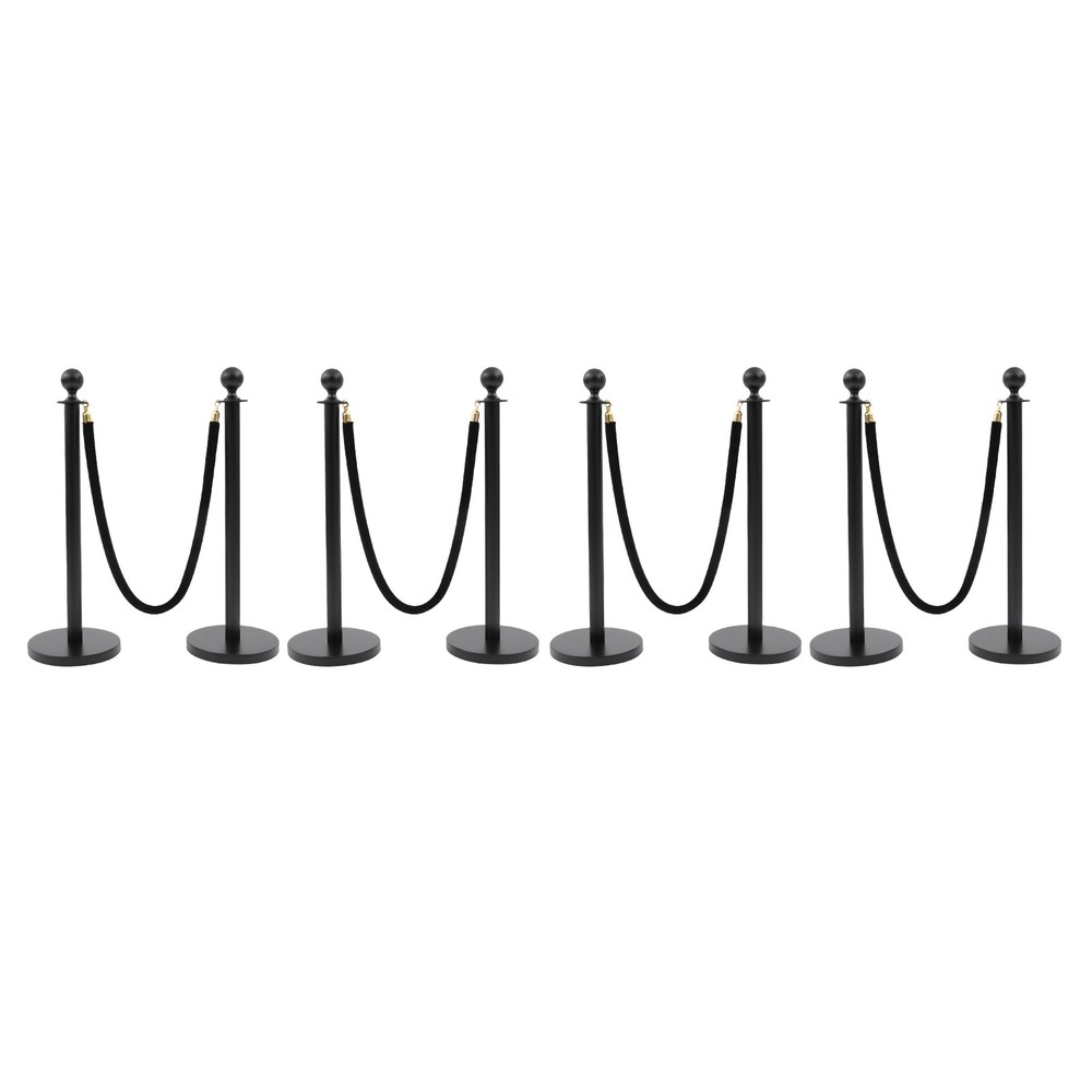 8 PCS Black Stanchion Posts Queue Pole with 4 1.5M Ropes Crowd Control Barrier