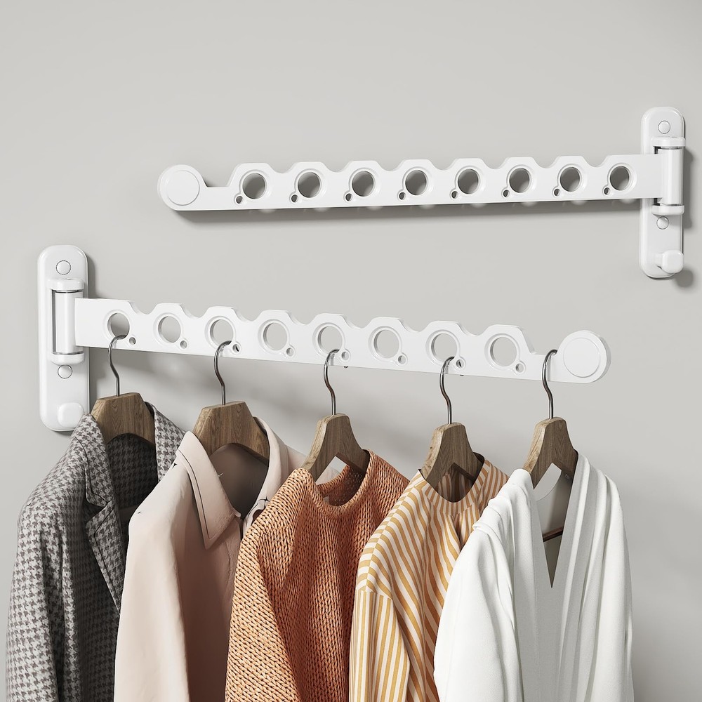 2 Pack Wall Mounted Clothes Hanger Rack Foldable Drying Hook Indoor Laundry Wht