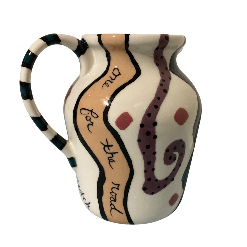 Hand Painted Barware Ceramic Pitcher With Abstract Design Fun Drink-Themed Text