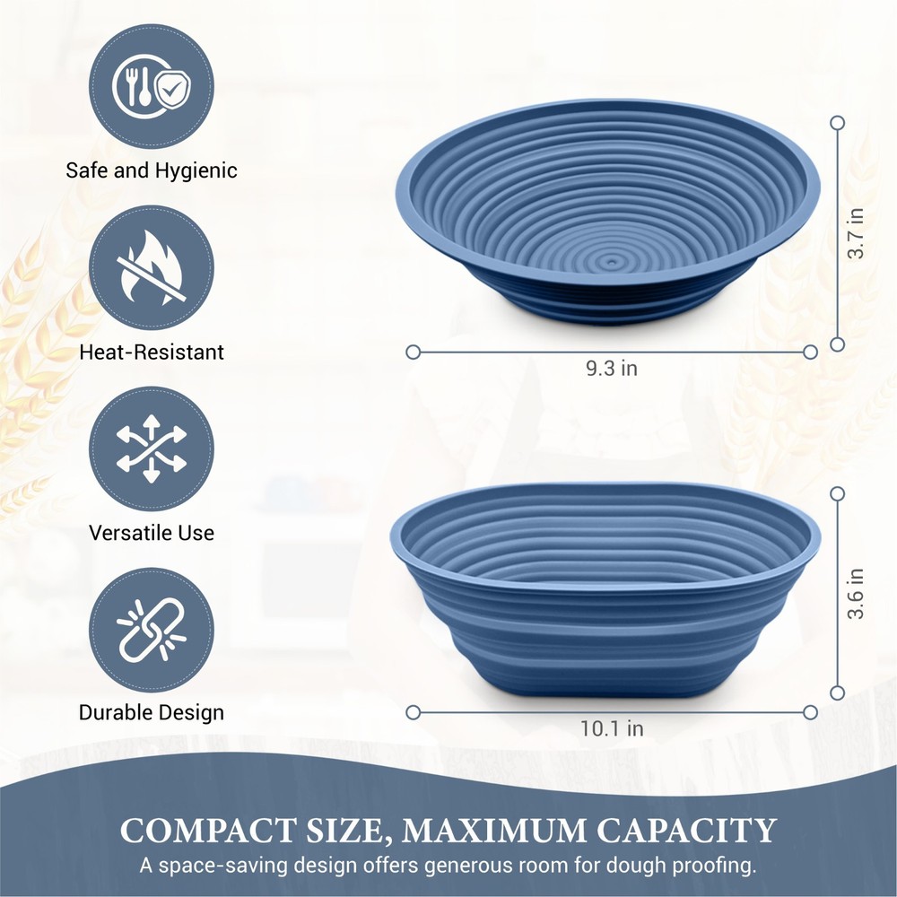 Premium Silicone Sourdough Bread Proofing & Baking Basket Set - Includes Oval &