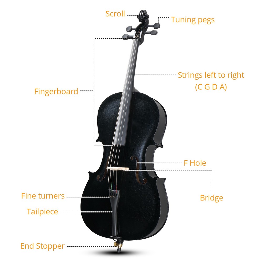 3/4 Size Acoustic Cello, Solid Wood with Case, Bow, Bridge, Rosin, Strings Set