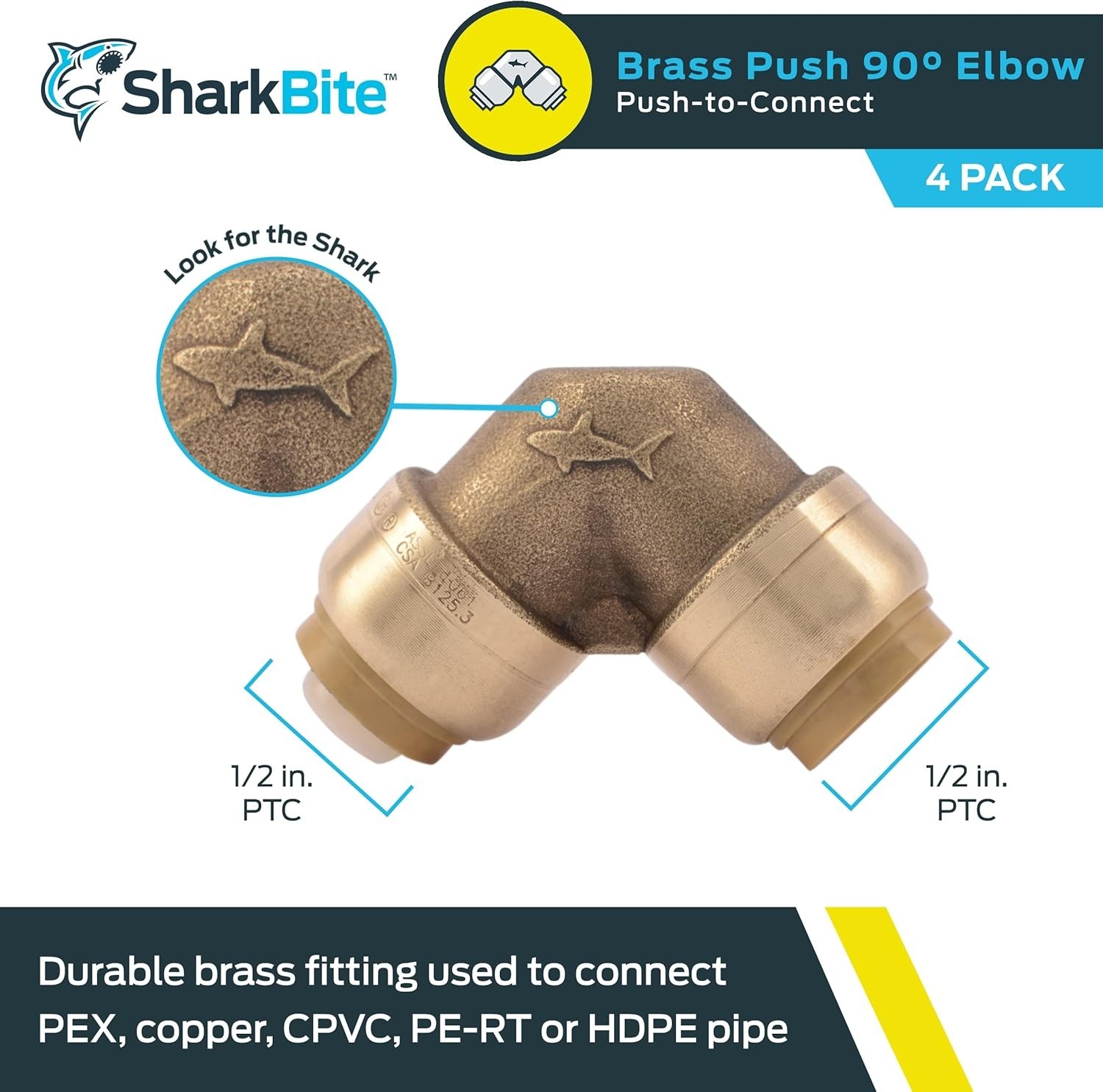 (PACK OF 4) SharkBite 1/2" X 1/2"- 90 Degree Elbow Push to Connect Brass Fitting