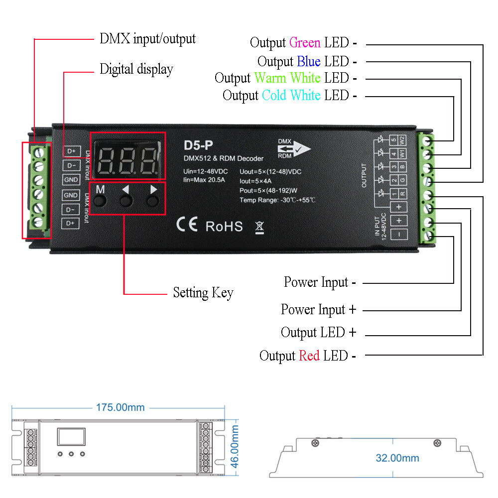 5 Channel DMX 512 & RDM Decoder RGB+CCT LED Strip Controller Dimmable DC 12V-48V