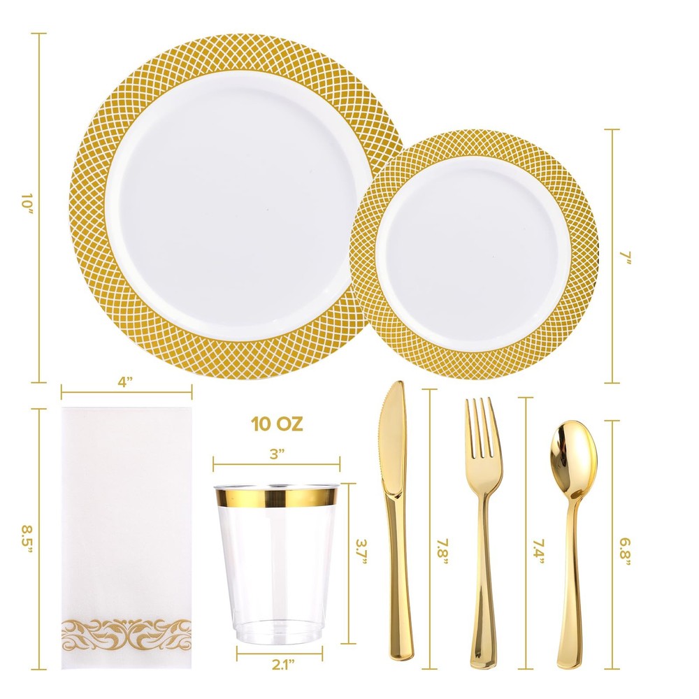 FOCUSLINE 10" Dinner Plates, 7" Dessert 175Pack Gold Dinnerware Set