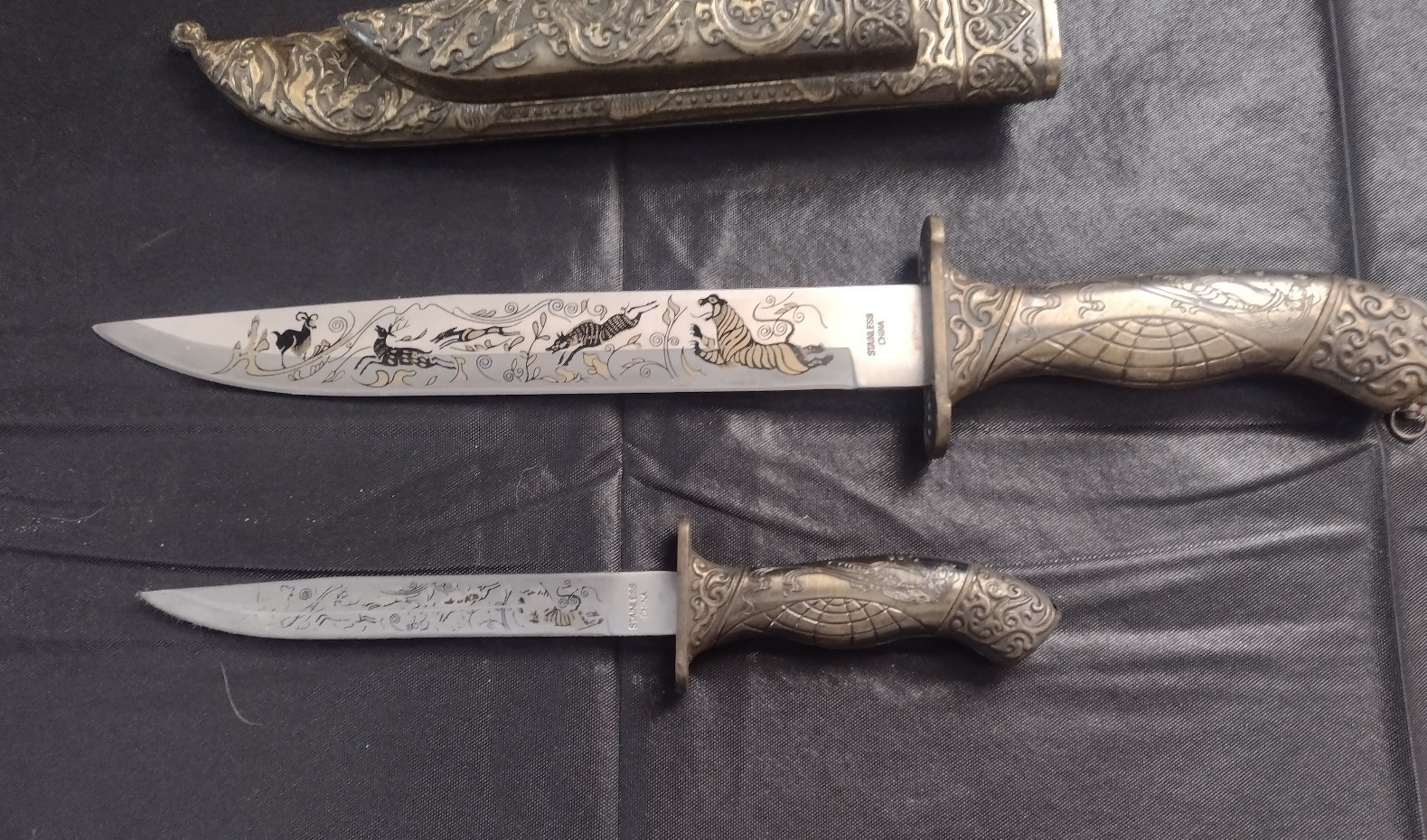 2 Decorative Ornate Brass Handled Dagger Knives with Brass PiggyBack Sheath