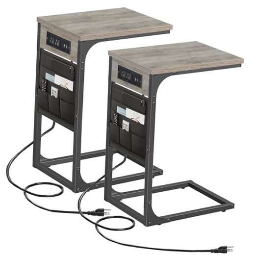 C Shaped End Table with Charging Station, Side Table for Sofa, Couch 2 Greige