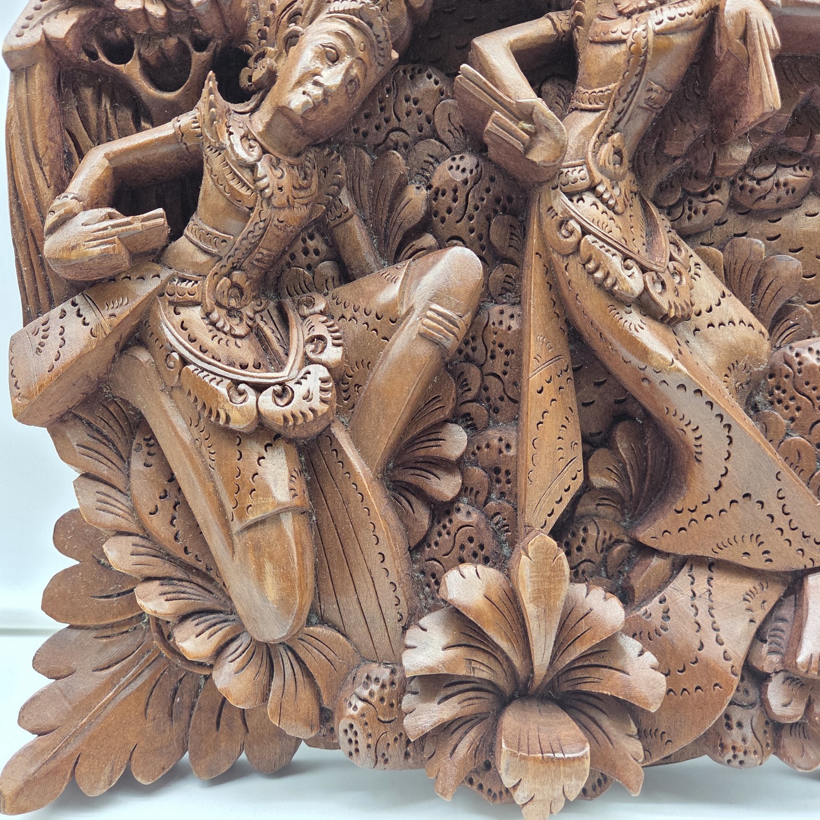 Balinese Bali Hand Carved Wood Relief Wall Art Dancers Floral 12"x11" Vintage
