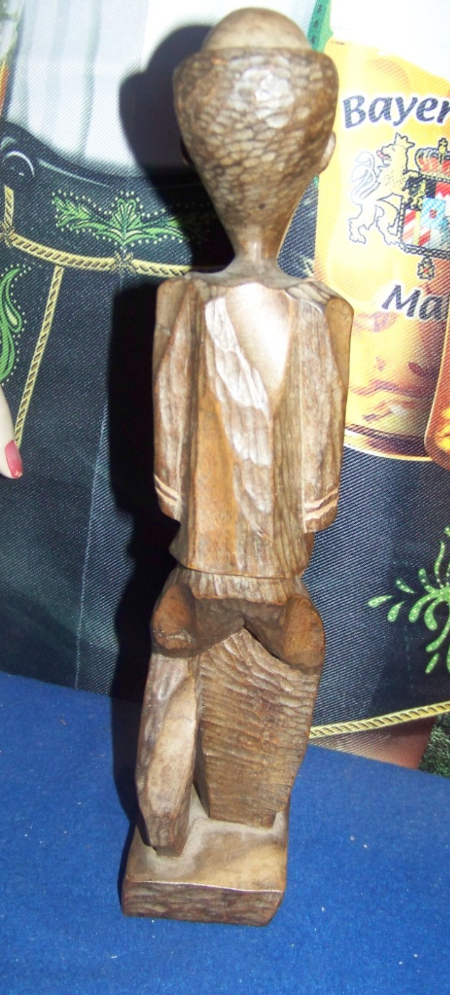 African Elder Tribal Figure Playing Drums 13" Wood Carving