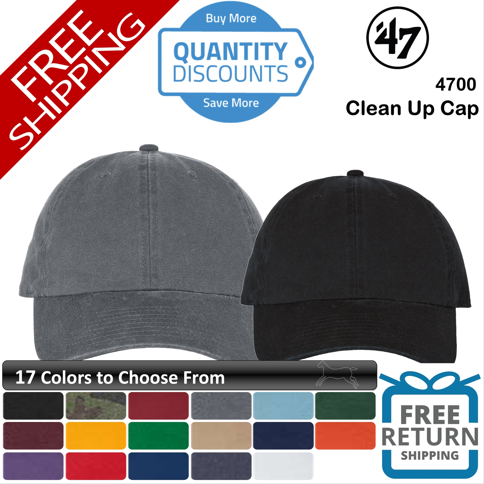 🔥 47 Brand Men Clean Up Cap Hat Unstructured, Six-panel, Low-profile Twill 4700