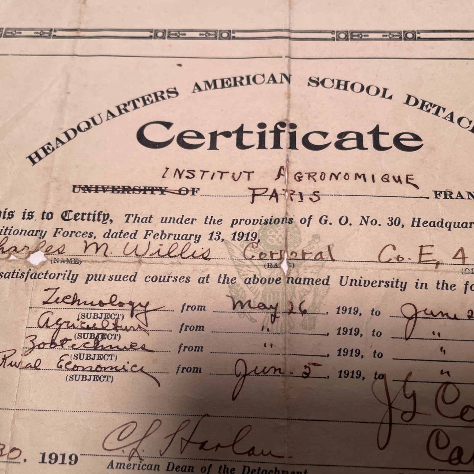 1919 ORIGINAL WW1 School of Detachment Paris France Certificate Army QMC June