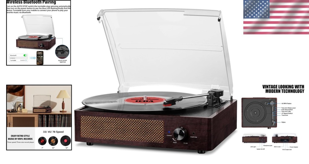 Vintage Retro Vinyl Player with Bluetooth Connectivity