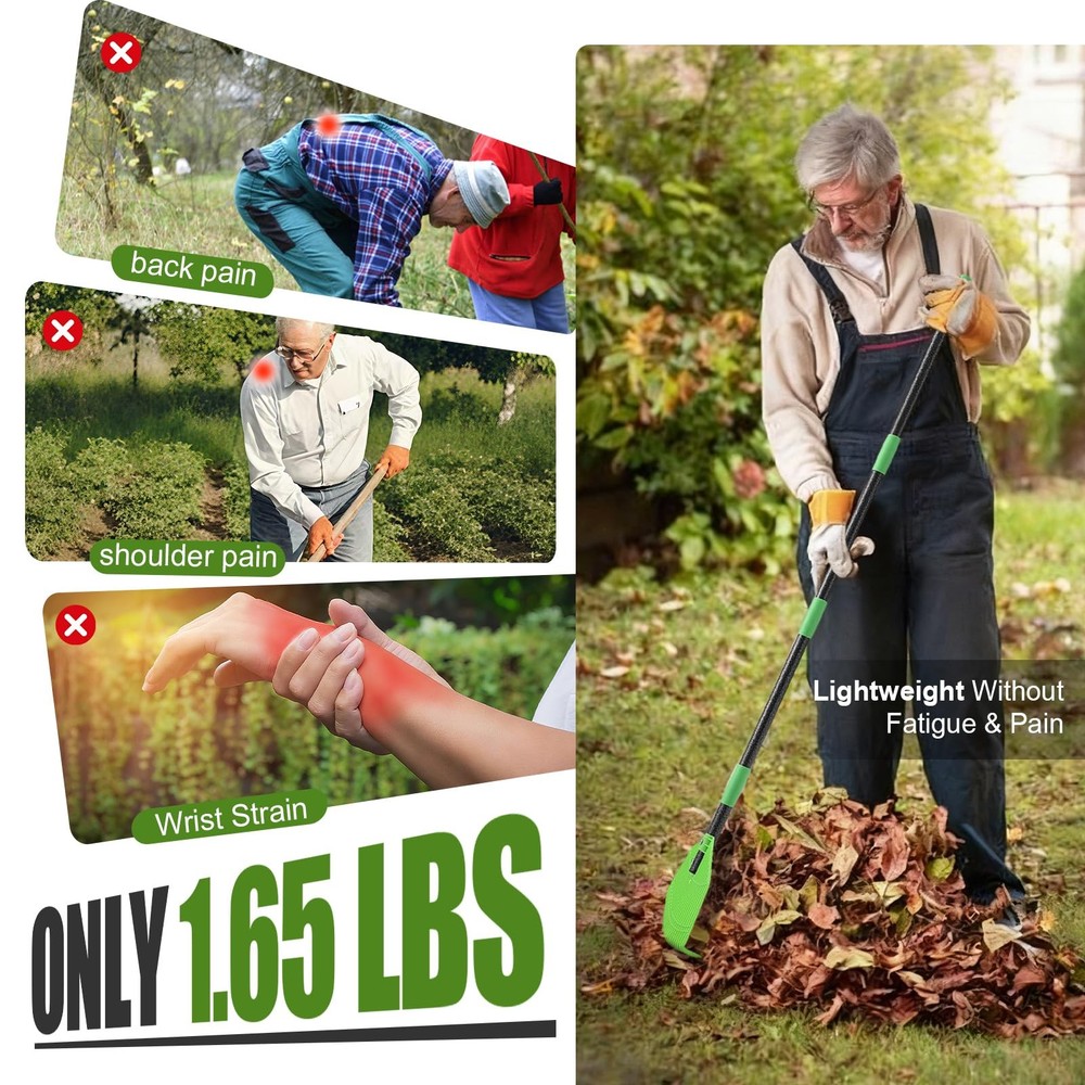 Plastic Leaf Rake with Adjustable 65'' Handle - Lightweight Outdoor green