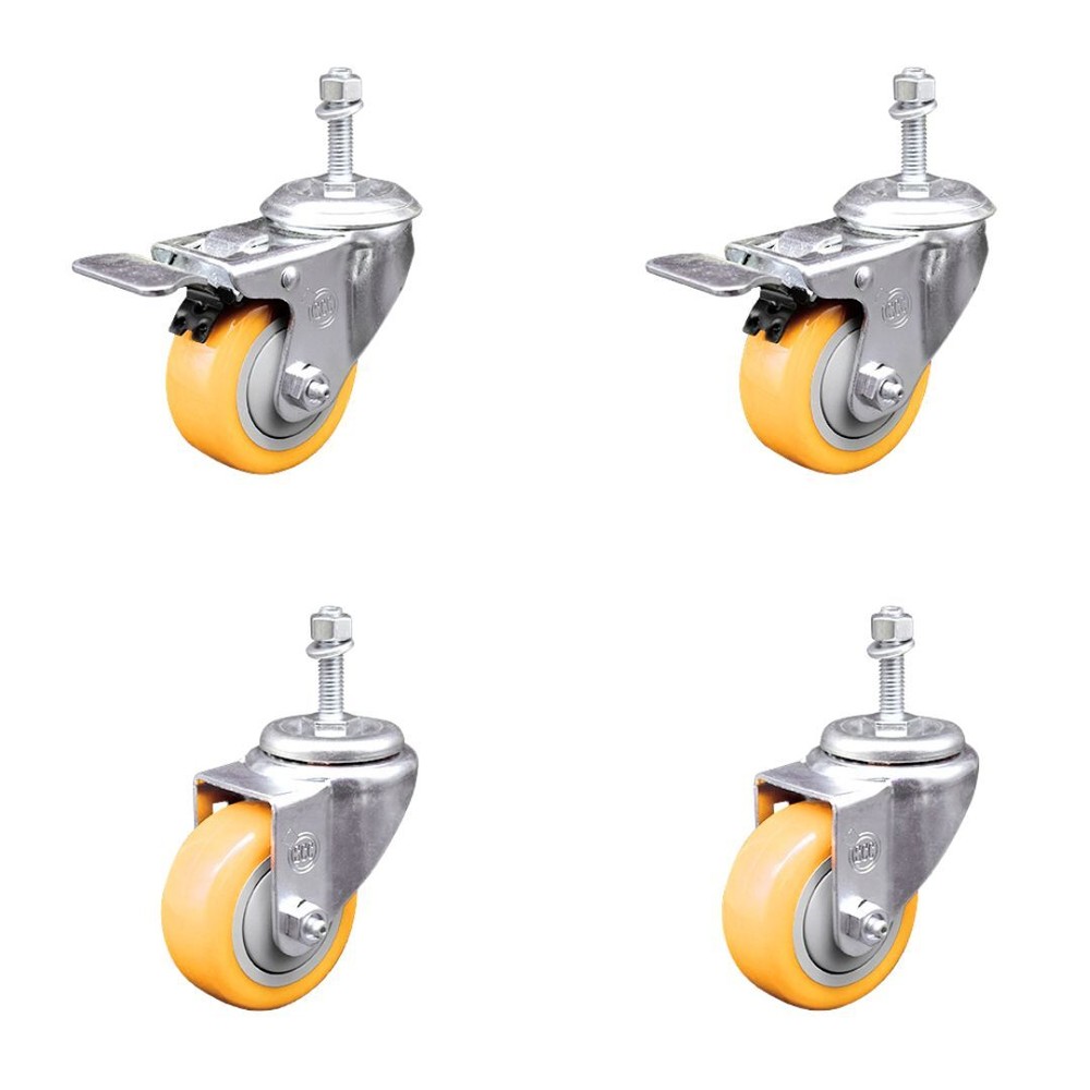 3 Inch 316SS Yellow Polyurethane 10mm Threaded Stem Caster Set 2 Lock Brake
