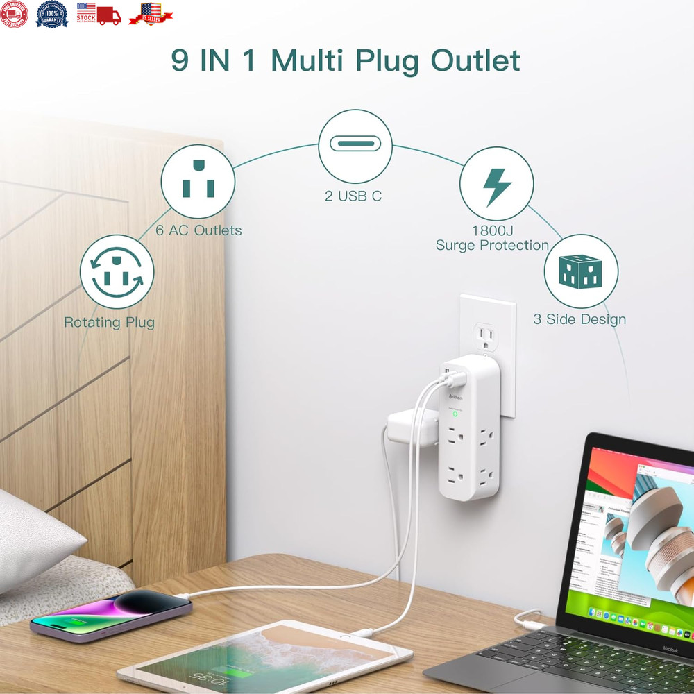 Multiple Plug Outlet Extender, 6 Wall Outlets and 3 USB Ports (2 USB C), Multi O