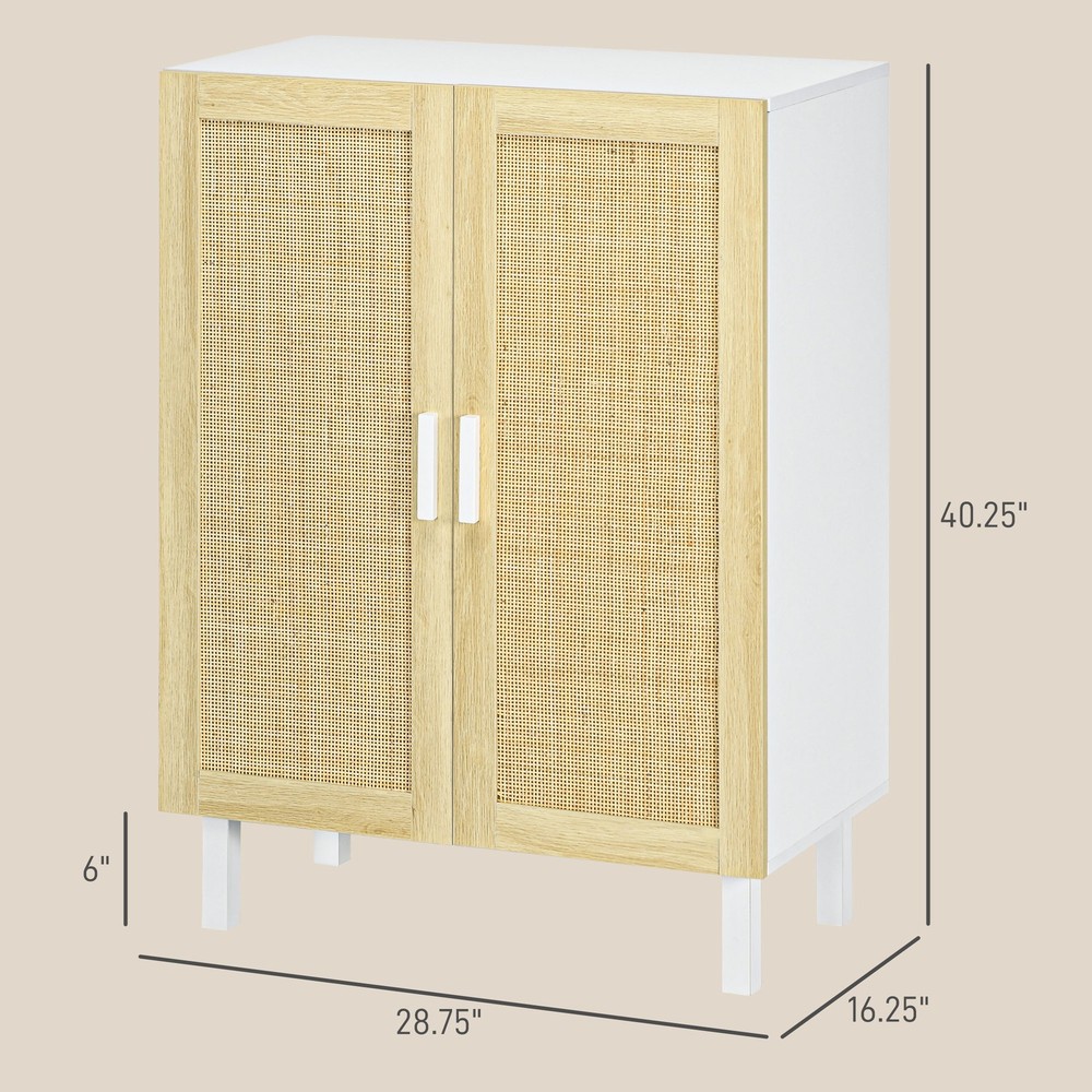 Kitchen Sideboard with 2 Rattan Doors & Adjustable Shelves, White