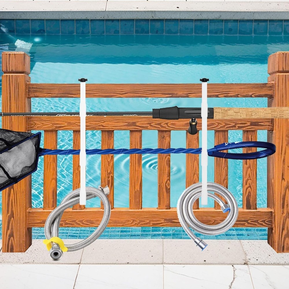 White Pool Pole Hangers 2-Pack - Heavy Duty Adjustable Fence Hooks for Pool E...