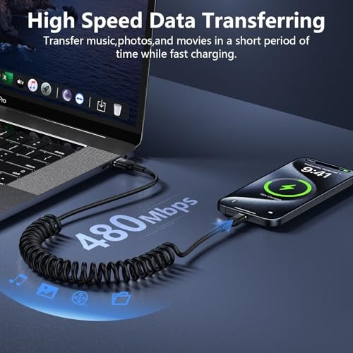 3FT iPhone Coiled Car Charger Cable, [] USB-C Coiled Cable for 3 ft Black