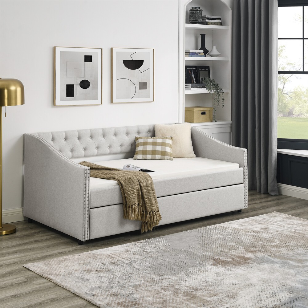 Twin/Full Size Daybed w/ Pull-Out Trundle Bed Upholstered Bed Frame Sofa Bed US