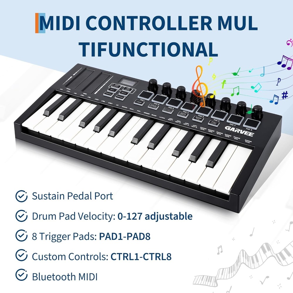 25-Key MIDI Keyboard Controller,USB/DAW Keyboard with 8 Drum Pads,8 Knobs New