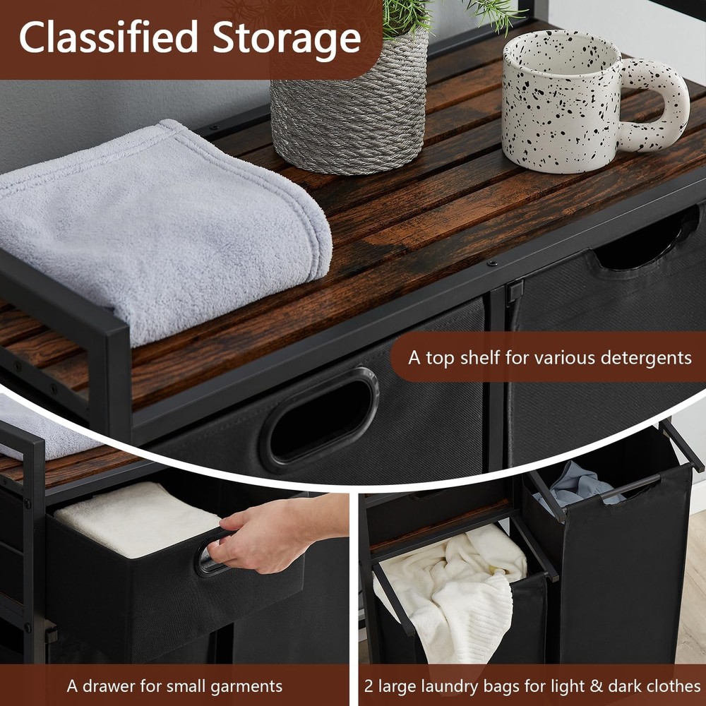 Large Rustic Brown & Black Laundry Basket with Wheels, 3 Compartments, 60L Ca...