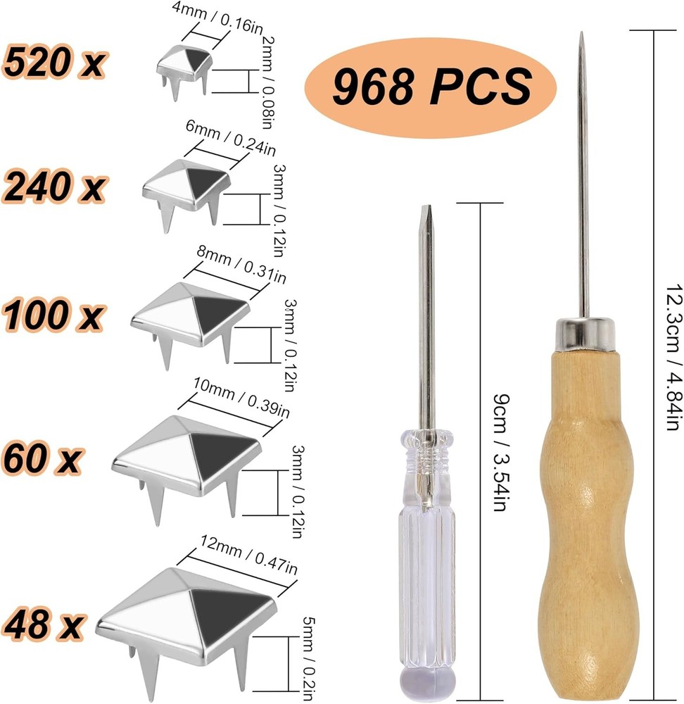 968 Pcs Assorted Sizes Square Pyramid Studs Prong Studs for Clothing Leather Riv