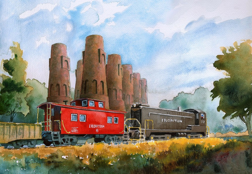Ironton RR red caboose & Baldwin engine Coplay Penna. James Mann Train Notecards