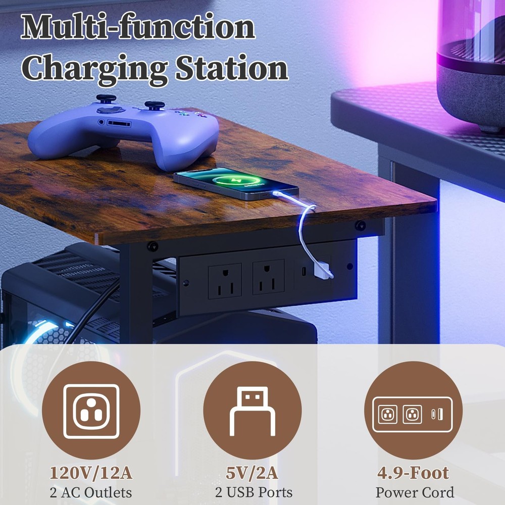 2-Tier Computer Tower Stand with Power Outlet, Height Adjustable PC Tower Sta...