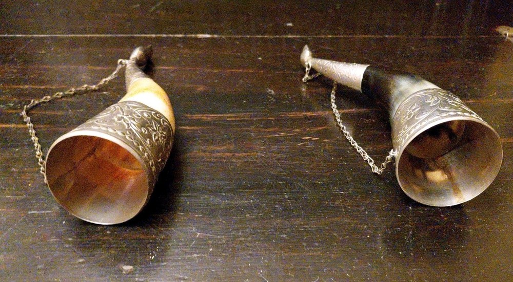 Soviet White Metal Decorated Drinking Cow Horns 21 Cms