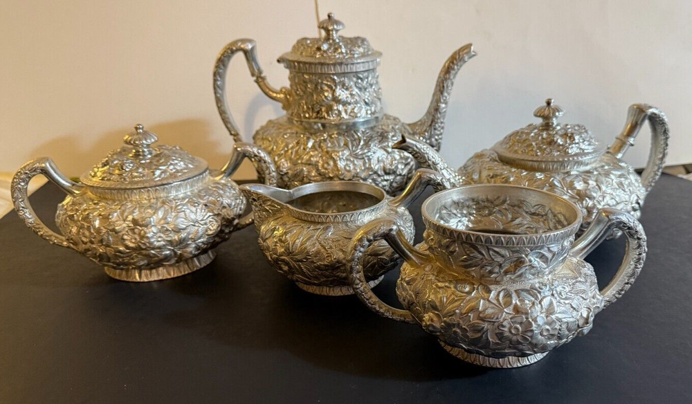 Rare American Quadruple Plate Repousse Five Piece Tea Set