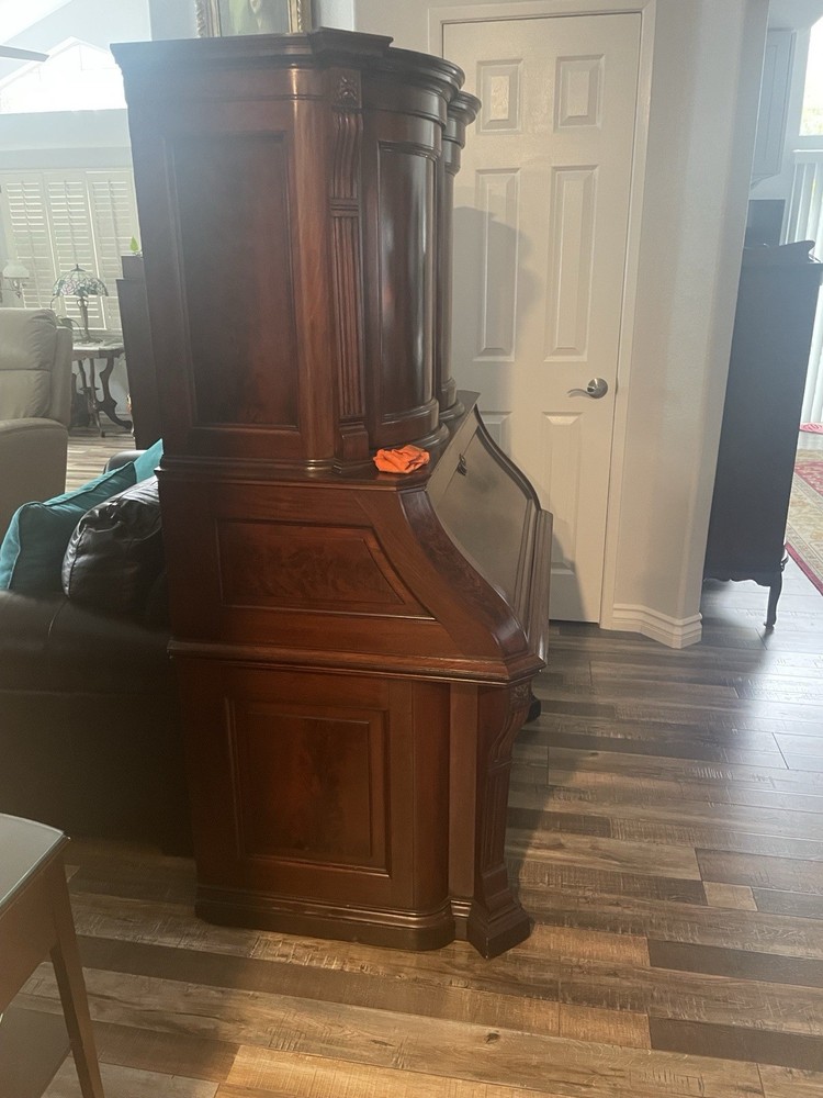 FLAME MAHOGANY DROP FRONT MECHANICAL DESK, ATTR. HERTER