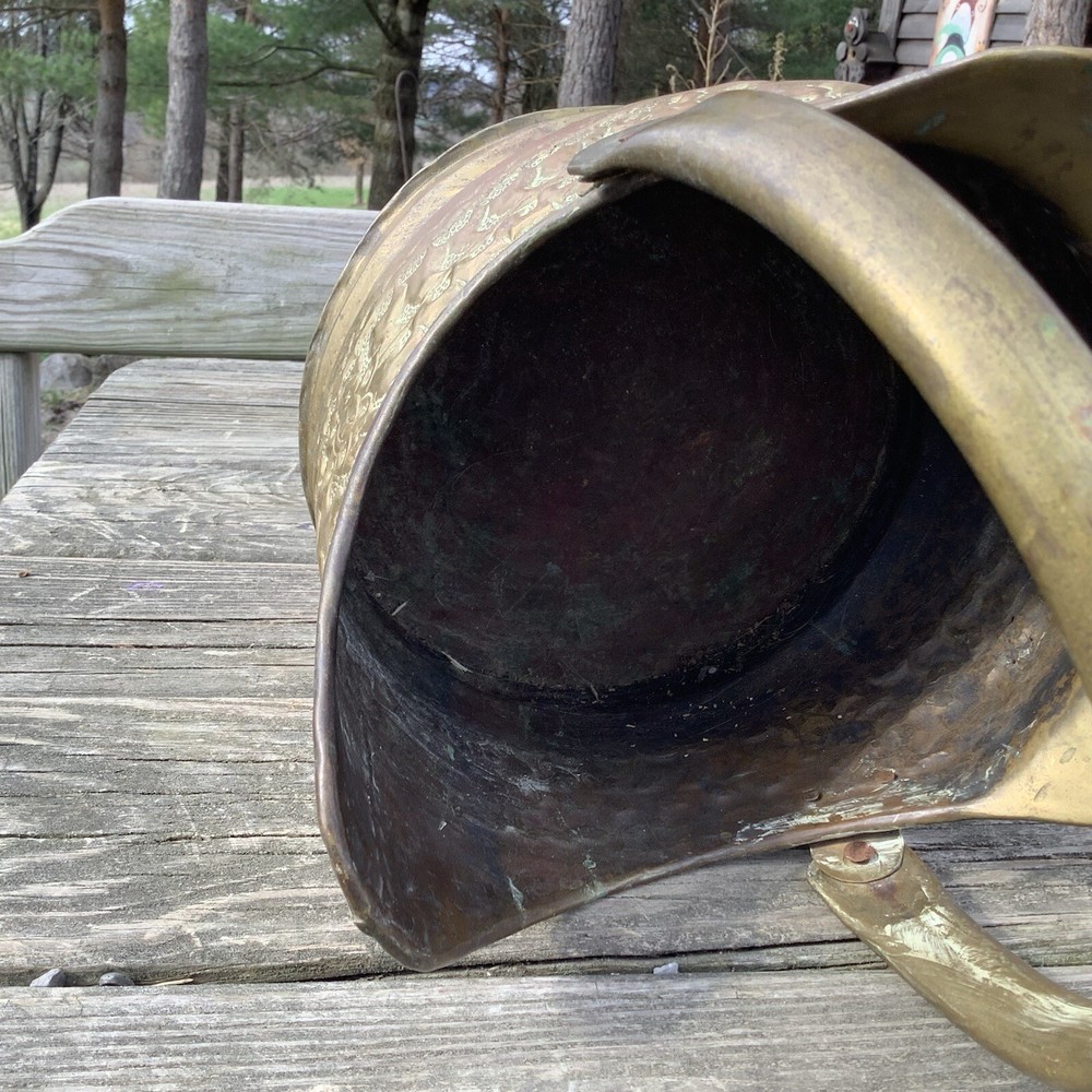 Vintage Hammered Brass Coal Scuttle Coal Bucket With Movable Handle