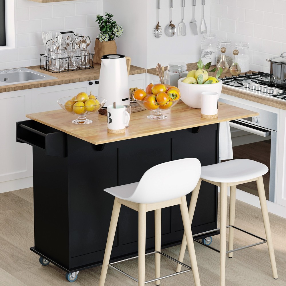 Modern Kitchen Rolling Trolley Table with Drop Leaf and Lockable Wheels, Black