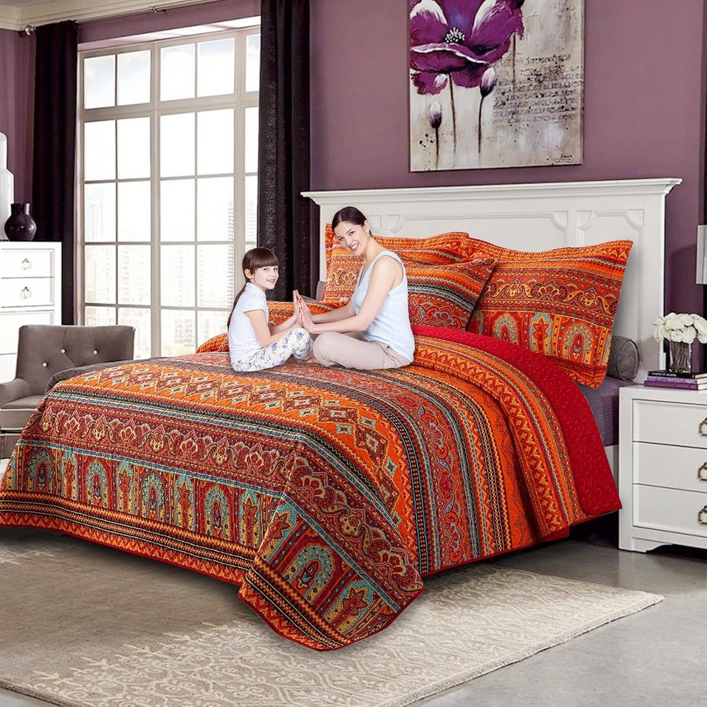 Cotton Quilt Queen Size Bedding Set 3 Pcs Boho Lightweight Bedding