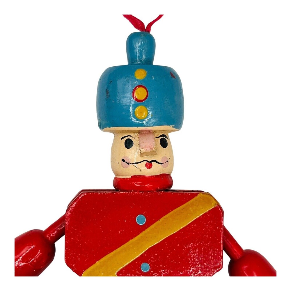 VTG Wood Toy Soldier Nutcracker Pull String Jumping Jack Ornament Russian 7”
