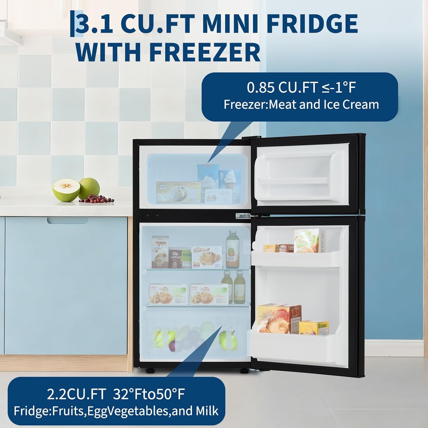3.1 Cu.ft 2-Door Mini Fridge with Freezer, Compact Stainless Steel Refrigerator