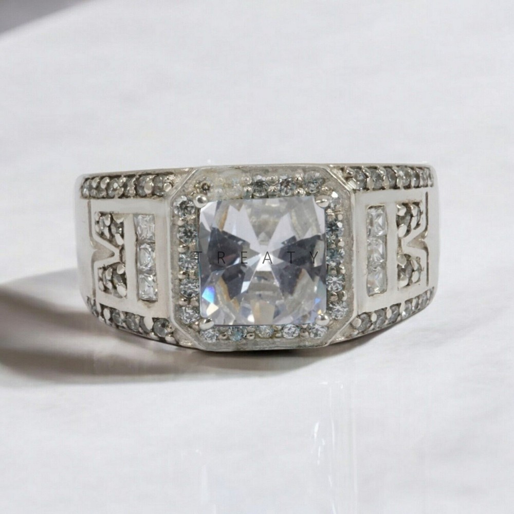 Moissanite Emerald Cut Gemstone With 14K Solid White Gold Ring For Men's #A3
