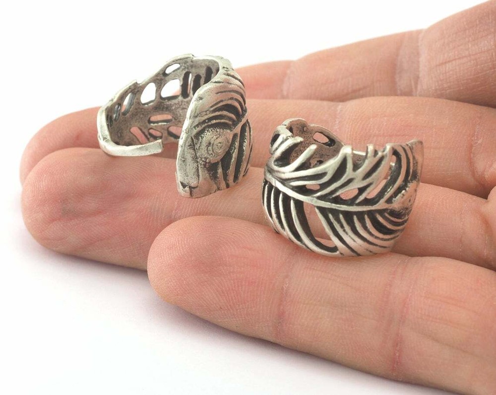 Leaf Adjustable Ring - Antique Silver Plated brass 17mm 6.5US size Adjust. 766